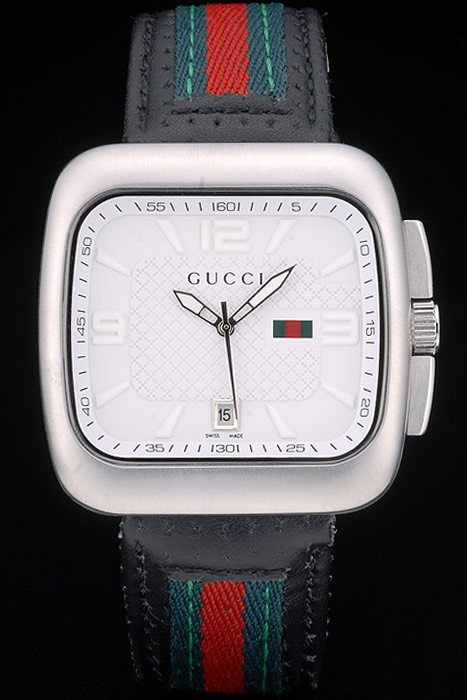 Gucci Black Leather Strap Polished Stainless Steel Bezel White Dial 80217