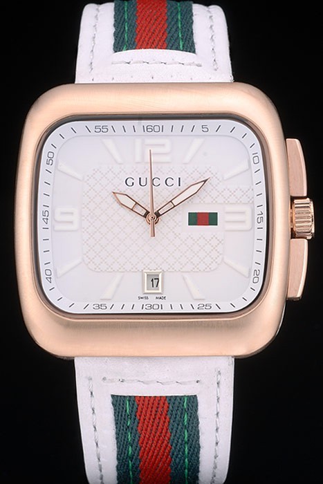 Gucci White Leather Strap Rose Gold Bezel White Dial 80223