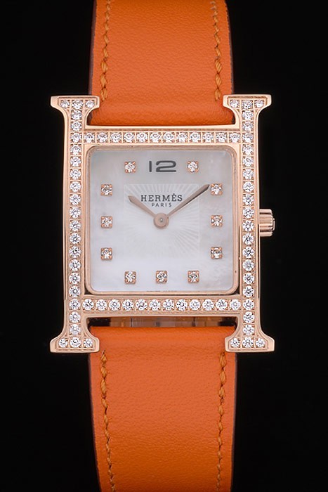 Hermes Heure H Rose Gold Diamond Encrusted Bezel Orange Leather Strap White Dial 80237